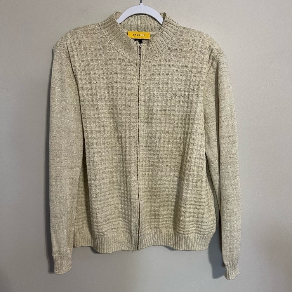 Vintage St. John Zipup Cardigan Sweater Cream and Gold Metallic size XL